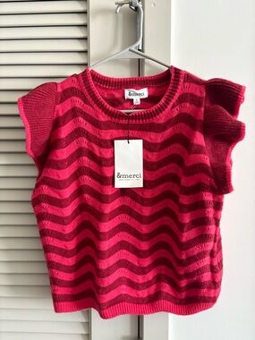 &merci Women’s Red and Pink Striped Flutter Sleeve Sweater Top*NWT*Sz. Small